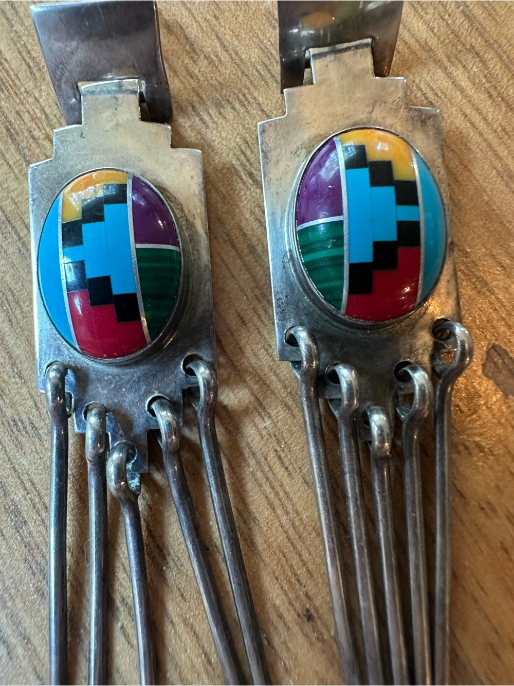 Handmade Vintage Zuni Sterling Silver & Multicolor Inlaid Stones Earrings Signed - Picture 7 of 8